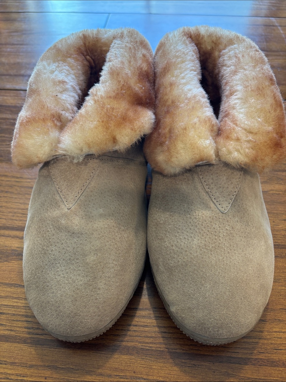 Old Friend Unisex Tan Suede Leather Slippers Sheepskin Lined Ladies 10/Men 8
